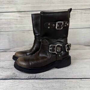 Zara Girl's Distressed Motto Biker Boots Size 32